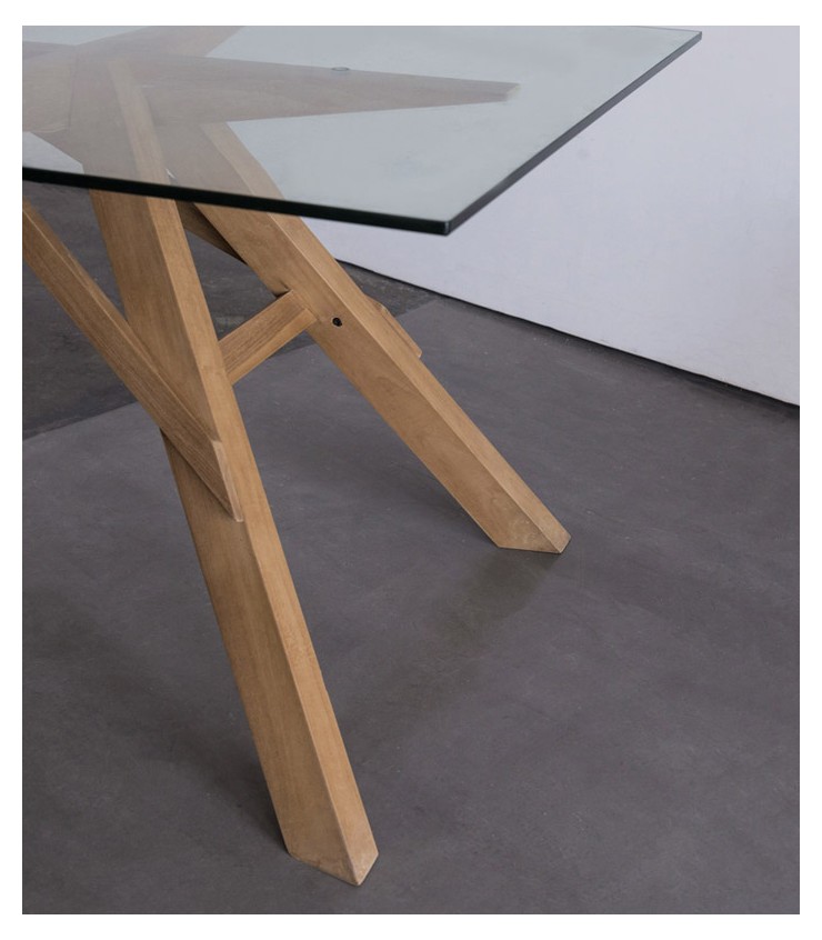 Ark Table constructed from solid wood and tempered glass top